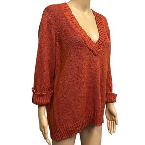 Dressbarn V Neck Button Cuff Sleeve Rust Orange Knit Sweater Womens Plus Size 2X